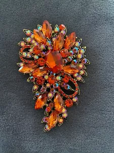 Vintage Rhinestone Brooch ~ Juliana Style Orange & Aurora Borealis Floral Spray - Picture 1 of 7