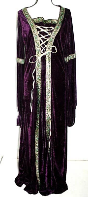 万圣节公主服装女式 Lg 连衣裙紫色丝绒金色装饰垂褶袖 — 第 1/4 张图片