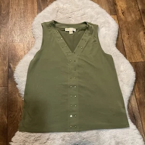 Blusa Michael Kors Mediana Cuello en V Dorado Tachuelas Sin Mangas Verde Camisa Top - Imagen 1 de 10