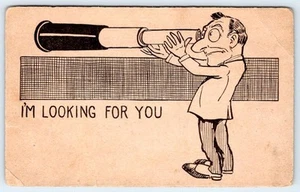 1927 ICH SUCHE DICH MANN mit GROSSEM TELESKOP WEGSCHREIBEN ANTIKE POSTKARTE - Bild 1 von 2