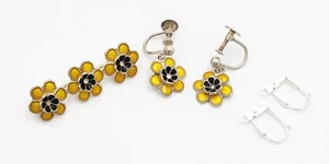Meka Denmark Sterling Enamel BlackEyed Susan Flower Earrings Brooch Set 1950s - Picture 1 of 6