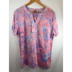 Talbots Damen XL Blumenmuster Kurzarm V-Ausschnitt Oberteil Bluse Rosa Blau - Bild 1 von 9