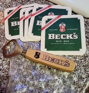 6 Stück Becks Bier Geschenkset 5 Pappuntersetzer & Holzgriff Flaschenöffner! - Bild 1 von 4