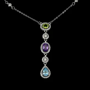 925 Sterling Silver Necklace Oval Amethyst Peridot Topaz Natural Gemstone Jewelr - Picture 1 of 14