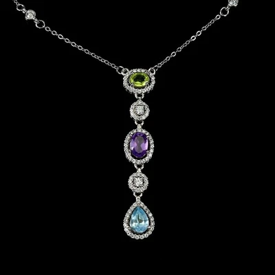 925 Sterling Silver Necklace Oval Amethyst Peridot Topaz Natural Gemstone Jewelr - Image 1 of 4