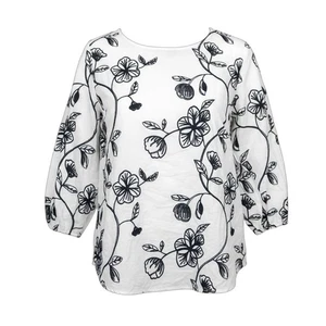 Kindred Anthropologie White Black Floral Embroidered Blouse Top XL Long Sleeve - Bild 1 von 5