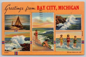 Cartolina Michigan Bay City Linen pubblicata 1944 barca a vela spiaggia bellezze balneari MI - Foto 1 di 2