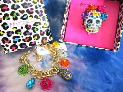 Betsey Johnson Sugar Skull Charm Bracelet & Sugar Skull Pave Crystal Ring NWT - Image 1 of 4