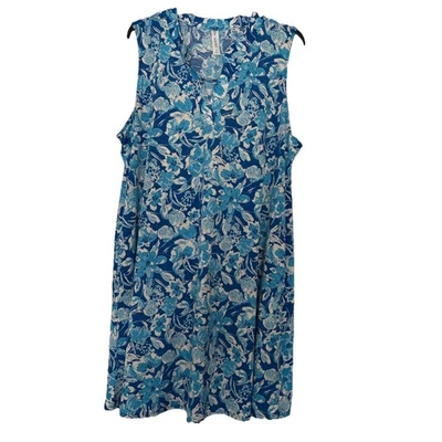 Dear Scarlett Plus Size 2X Blue Floral Print Sleeveless Lizzy Dress with Pockets - Image 1 of 4