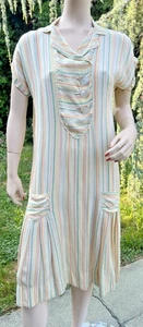 ANTIQUE 1920's CREAM SILK STRIPED ORANGE GREEN DROP WAIST DRESS - Picture 1 of 15