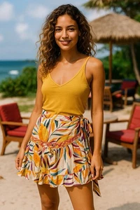 Falda envolvente estampada C&C California, para mujer talla L, naranja/amarillo - Imagen 1 de 3