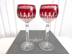 Pair~Waterford Crystal Ruby Red Cut to Clear Clarendon Wine Hocks~Orig Box - Picture 1 of 9