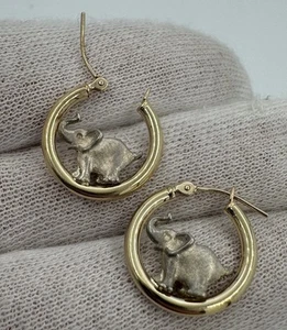 Peter Brams Designs 14k Gold Hoop Earrings with Sterling Elephants Vintage - Picture 1 of 8