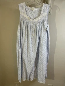 EILEEN WEST Blue Floral Cotton Knit Nightgown Lace Trim L Knee Length - Picture 1 of 6