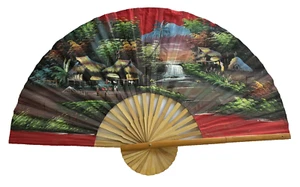 JAPANESE Vintage Oriental Painted Home Deco Paper Wooden Handle Fan 102cm - Picture 1 of 17