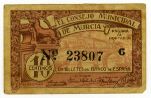 ☆ SPAIN CIVIL WAR 1937 • MURCIA 10 CENT MUNICIPAL ☆ GUERRA CIVIL ESPAÑOLA ☆C5711 - Picture 1 of 2