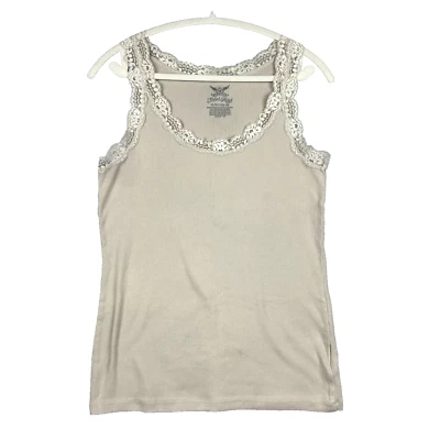 Camiseta sin mangas acanalada para mujer Y2K vintage beige ribete de encaje elástico XL 16-18 Foto 1 de 4