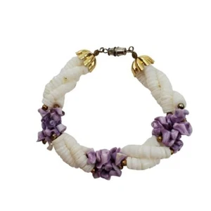 Shell Bracelet Beaded Purple White Gold Tone Twist Beach Nautical - Picture 1 of 8