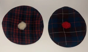VTG Knit Plaid Tartan Newsboy Caps Pom Poms Red Green Yellow Blue Youth - Picture 1 of 6