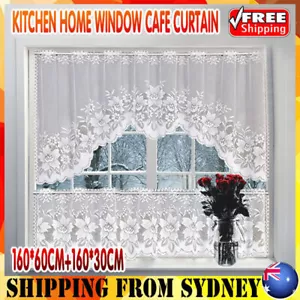 2PCS/Set White Lace Kitchen Home Window Cafe Curtain w Scallope Edge 160cm Wide - Picture 1 of 12