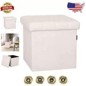Stylish Upholstered Storage Ottoman - 15.7" White Boucle Footrest with Cushion - Picture 1 of 8