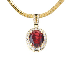 Gold Plated Red Ruby Pendant 20" Miami Cuban Chain Necklace BCH 1145 G - Picture 1 of 3