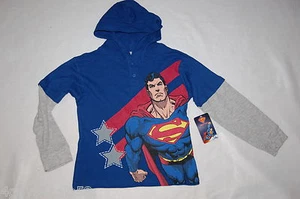 Boys Tee Shirt L/S WAFFLE THERMAL Hooded SUPERMAN Double Layer Look BLUE Gray 7 - Picture 1 of 1