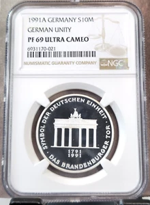 1991 GERMANY SILVER 10 MARK BRANDENBURG GATE UNITY NGC PF 69 ULTRA CAMEO TOP POP - Picture 1 of 3