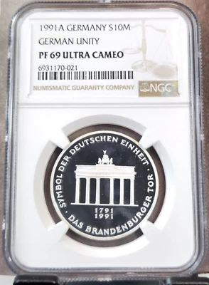 ALEMANIA 1991 PLATA 10 MARCAS BRANDENBURGO PUERTA UNIDAD NGC PF 69 ULTRA CAMAFEO TOP POP Foto 1 de 3