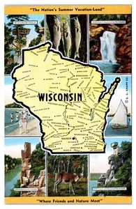 Postal de mapa y vistas de puntos de referencia de Wisconsin de la década de 1940 - Imagen 1 de 2