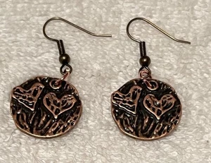 Copper tone Disc Charm w/Double Heart Earrings with Brass Earwires NEW Handmade - Picture 1 of 3