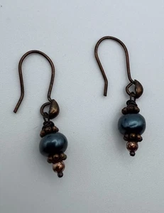 Elegant Copper & Tahitian Turquoise Blue Pearl Dangle Earrings Natural Pearls - Picture 1 of 5