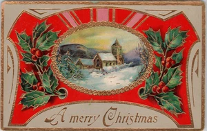 POSTKARTE - EINE FROHE WEIHNACHTEN, STECHPALME - KIRCHE WINTERSZENE - GOLD VERGOLDET - Bild 1 von 2