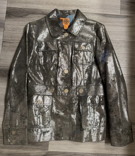 Giacca di pelle Tory Burch argento invecchiato Moto Edgy taglia 8