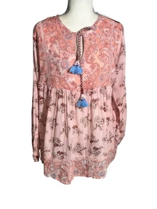 Rachel Zoe Blouse Baby Doll L Fliral Peach Gauze Embroidered Peasant Boho Tassle - Picture 1 of 11
