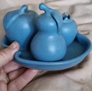 RARE vtg Hand Made Creut Set Blue Fruit Salt Pepper Pots Toothpick Holder Plate - Picture 1 of 16
