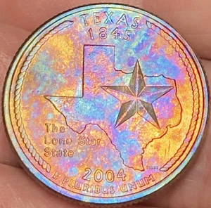2004-P Texas State Quarter Beautiful Lustrous Gold/Rainbow Toned Coin XF #31 - Picture 1 of 12
