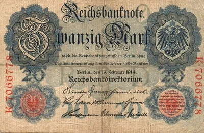 Billete original de 20 marcos del imperio alemán 1914 ¡en buen estado!!! Foto 1 de 2