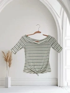 Charlotte Russe Women’s Crop Top Size Small Ribbed Knit Green Stripe Tie Hem - Picture 1 of 13