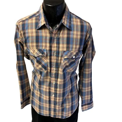 Camisa vintage anos 60 70 JCPenney bolsos lisos azul xadrez mod hippie cowboy ocidental G - Imagem 1 de 4