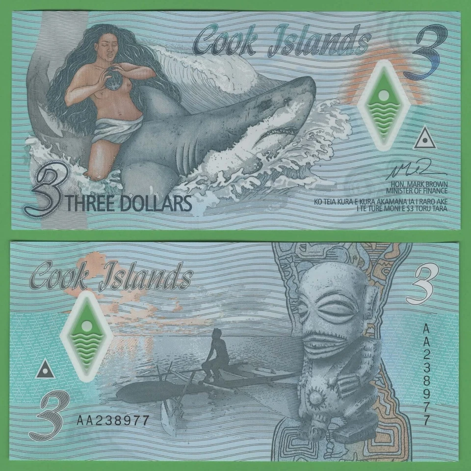 Billete de polímero Islas Cook 3 dólares 2021 P-11 dama tiburón Foto 1 de 1
