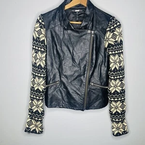 Miss Me small black tan Faux leather sweater sleeve Moto jacket - Picture 1 of 7