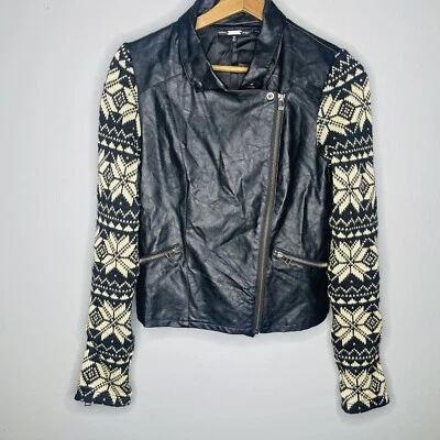 Miss Me small black tan Faux leather sweater sleeve Moto jacket — 第 1/4 张图片