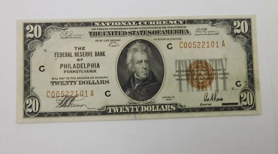 1929 $20 FEDERAL RESERVE Note! PHILADELPHIA PA  (76) - Image 1 of 2