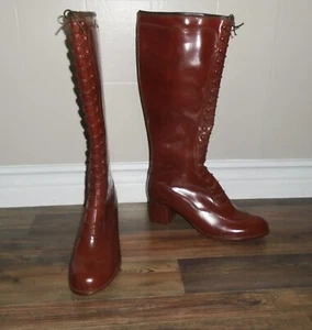 VTG 1970s Long Brown Dress Boots High Chunky Heel Zippers Faux Laces Sz 9 NOS - Picture 1 of 16