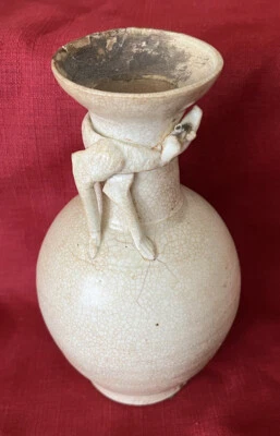 Antique Chinese Song Dynasty Ding Kiln Vase Applied Animal Figurine - Image 1 of 4