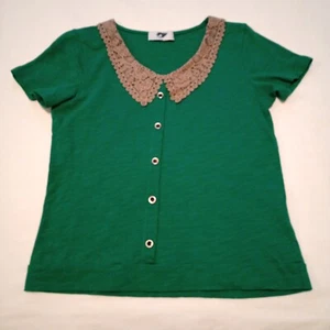 Girls Pullover Blouse Size M Green Jersey Brown Lace Collar School Party Preppy - Picture 1 of 13
