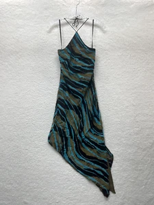 90s Y2K Vintage Mesh Midi Dress 8 M Medium Asymmetric Halter Cyber Fairy Grunge - Picture 1 of 13