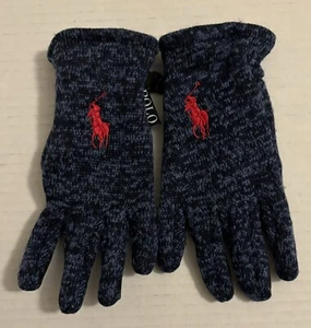 NWOT Polo Ralph Lauren Sweater Fleece Gloves Heathered Blue Red Pony Child OSFA - Picture 1 of 3