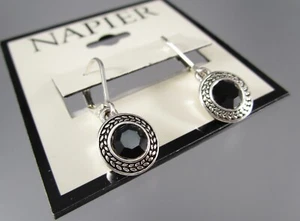 New NAPIER 1" Silver Tone Black Glass Dangle Leverback Pierced Earrings 125i - Picture 1 of 4